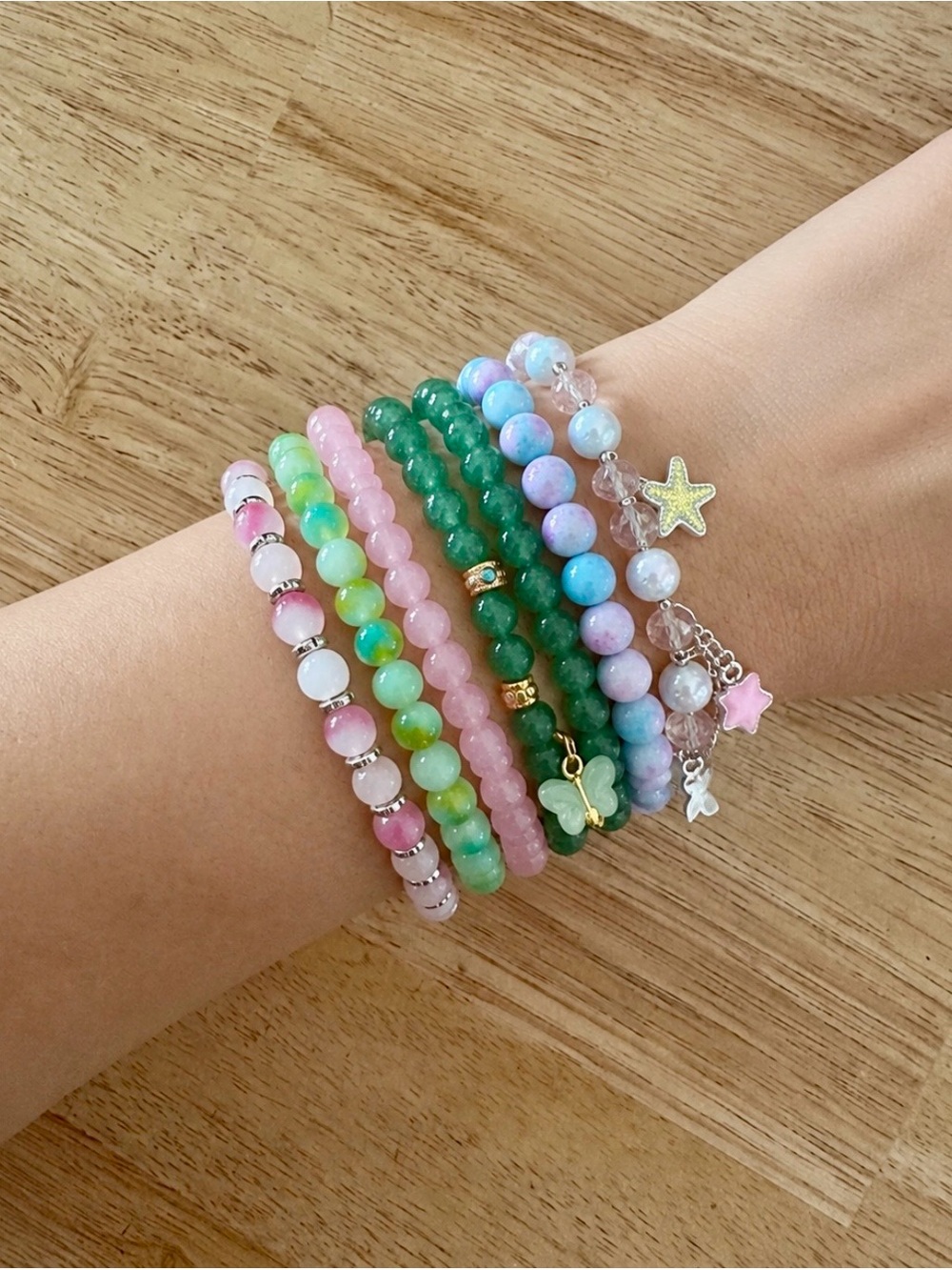 Pastel Multi-Bead Women's Bracelet Set - Pink, Green, Blue